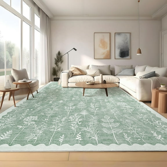 HOMERRY Non-Slip Scallop Bordered Pattern Area Rug 5' x 7' for Living Room Indoor Floral Carpet, Light Green