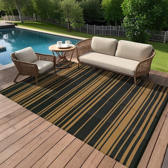 HOMERRY Outdoor Collection Straw Plastic Reversible Outdoor Rug, Brown Black Geometric Striped, 9'x 12'