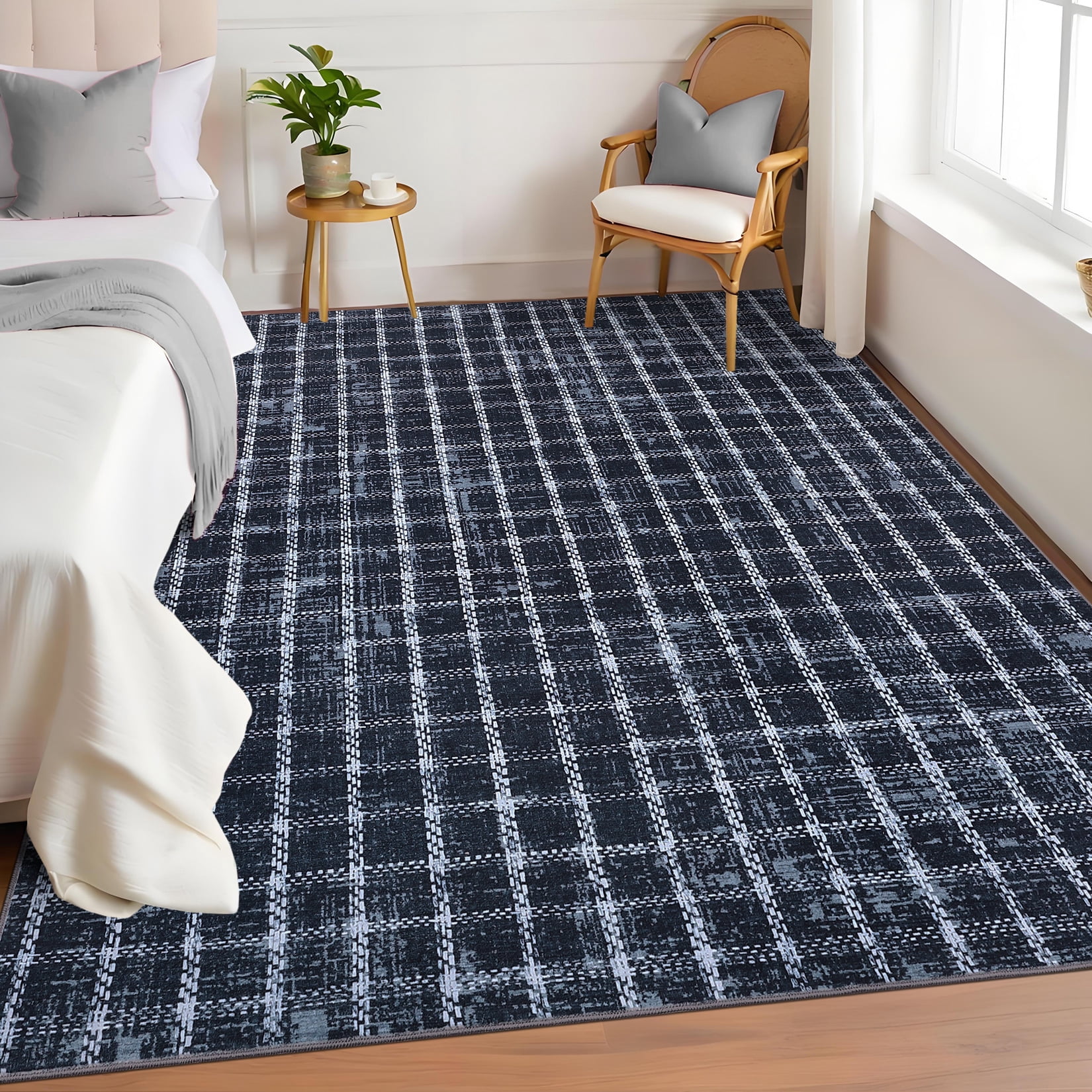 HOMERRY Plaid Print Non Slip Area Rug 6' x 9' for Living Room Washable Indoor Carpet, Blue