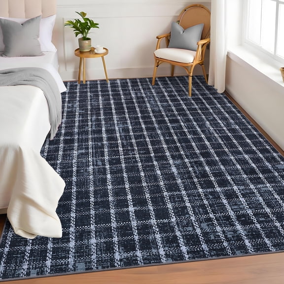 HOMERRY Plaid Print Non Slip Area Rug 6' x 9' for Living Room Washable Indoor Carpet, Blue