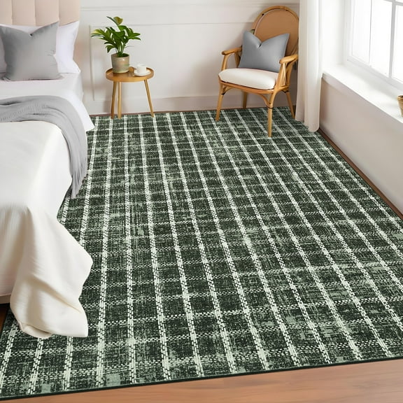 HOMERRY Plaid Print Non Slip Area Rug 8' x 10' for Living Room Washable Indoor Carpet, Green