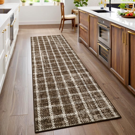HOMERRY Plaid Print Runner 2' x 6' for Hallway Modern Washable Throw Rugs for Kitchen Indoor Carpet, Brown