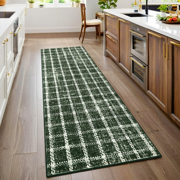 HOMERRY Plaid Print Runner 2' x 6' for Hallway Modern Washable Throw Rugs for Kitchen Indoor Carpet, Green