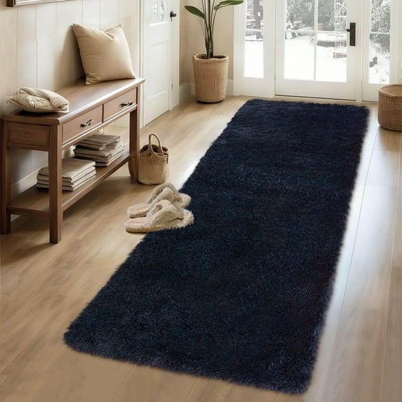 HOMERRY Plush Polyester Shag Area Rug 2'x 6' Fluffy Runner Rug Plush Decorative Runner Rug for Indoor Home Floor Carpet, Navy Blue