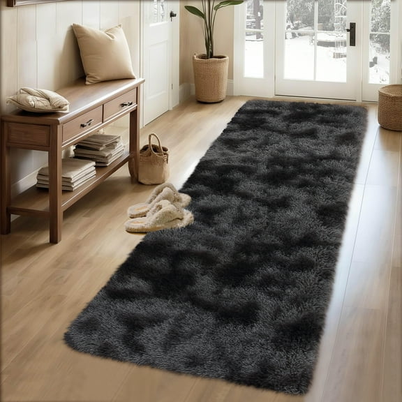 HOMERRY Plush Polyester Shag Area Rug 2'x 6' Fluffy Runner Rug Plush Decorative Runner Rug for Indoor Home Floor Carpet, Tie-dye Gray/Black