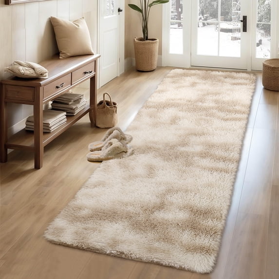 HOMERRY Plush Polyester Shag Area Rug 2'x 6' Fluffy Runner Rug Plush Decorative Runner Rug for Indoor Home Floor Carpet, Tie-dye Light Khaki