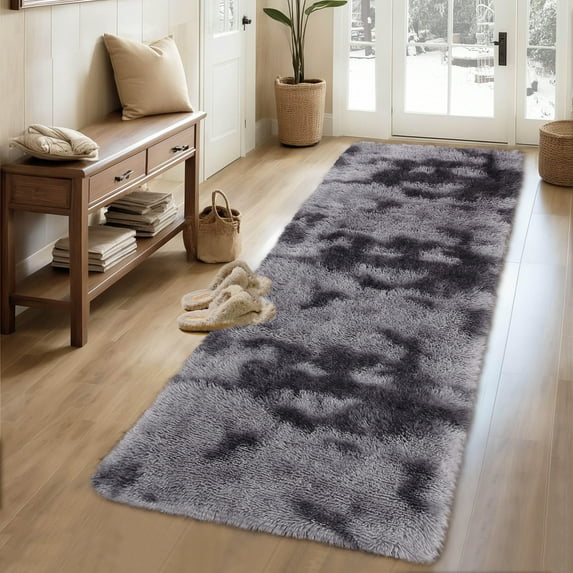 HOMERRY Plush Polyester Shag Area Rug 2'x 8' Fluffy Runner Rug Plush Decorative Runner Rug for Indoor Home Floor Carpet, Tie-dye Dark Gray