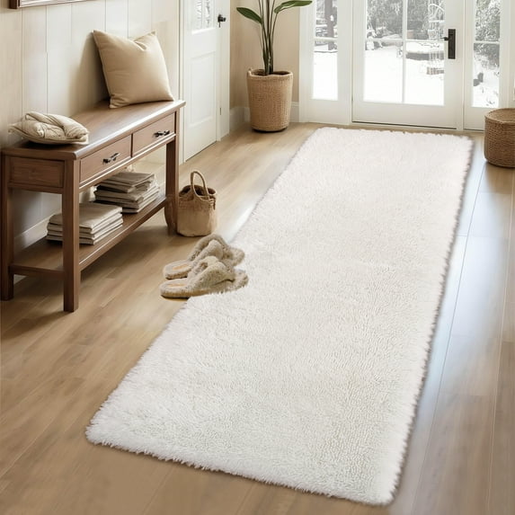 HOMERRY Plush Polyester Shag Area Rug 2'x 8' Fluffy Runner Rug Plush Decorative Runner Rug for Indoor Home Floor Carpet, White