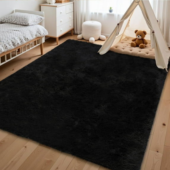 HOMERRY Plush Polyester Shag Area Rug 4'x6' Fluffy Rug Plush Decorative Rug for Indoor Home Floor Carpet, Black