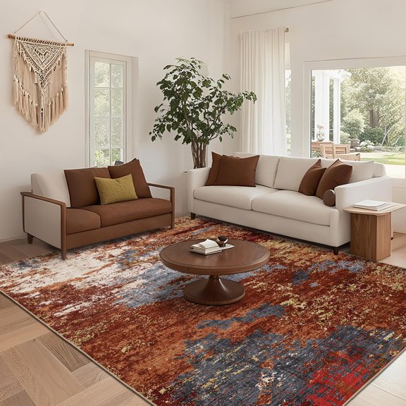 HOMERRY Red Abstract Living Room Rug 8x10 Non-Shedding Contemporary Indoor Carpet