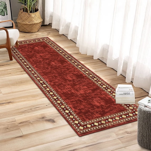 HOMERRY Runner 2' x 6' Rug Washable Modern Geometric Border Hallway Runner Indoor Carpet for Doorway, Red
