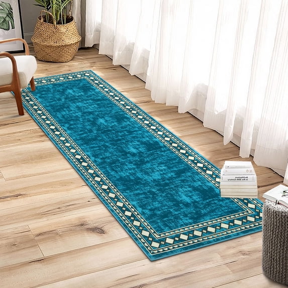 HOMERRY Runner 2' x 6' Rug Washable Modern Geometric Border Hallway Runner Indoor Carpet for Doorway, Teal