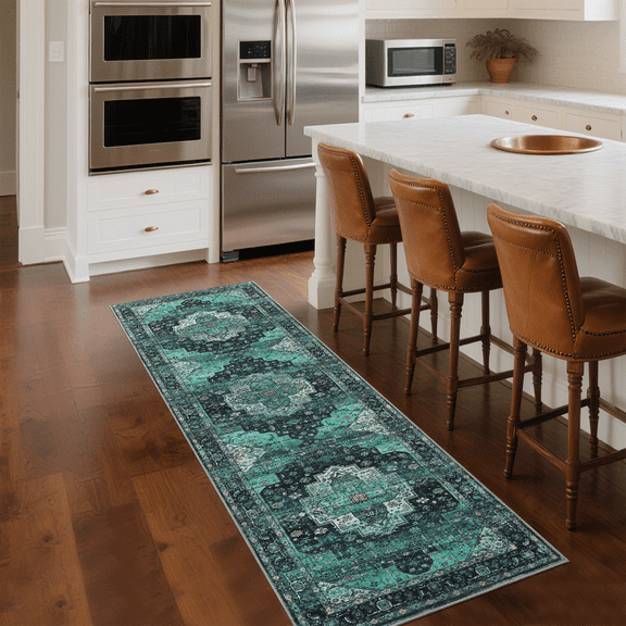 HOMERRY Runner 2' x 6' for Kitchen Dorm Vintage Floral Washable Bedroom Indoor Throw Carpet, Teal