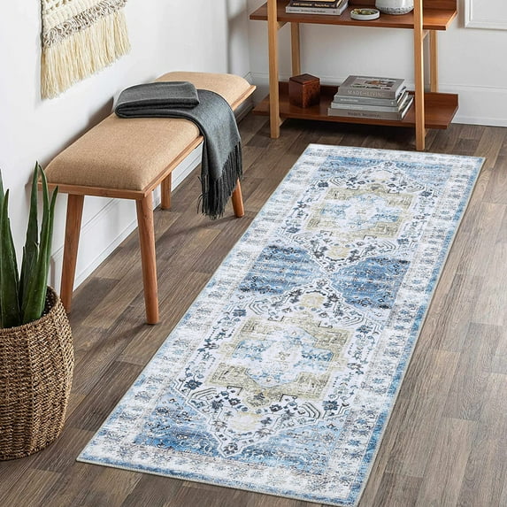 HOMERRY Runner Rug 2' x 10' Machine Washable Rug for Hallway Entryway Blue Persian Distressed Area Rugs Indoor Floor Cover Carpet Rug Soft Velvet Mat Foldable Accent Rug