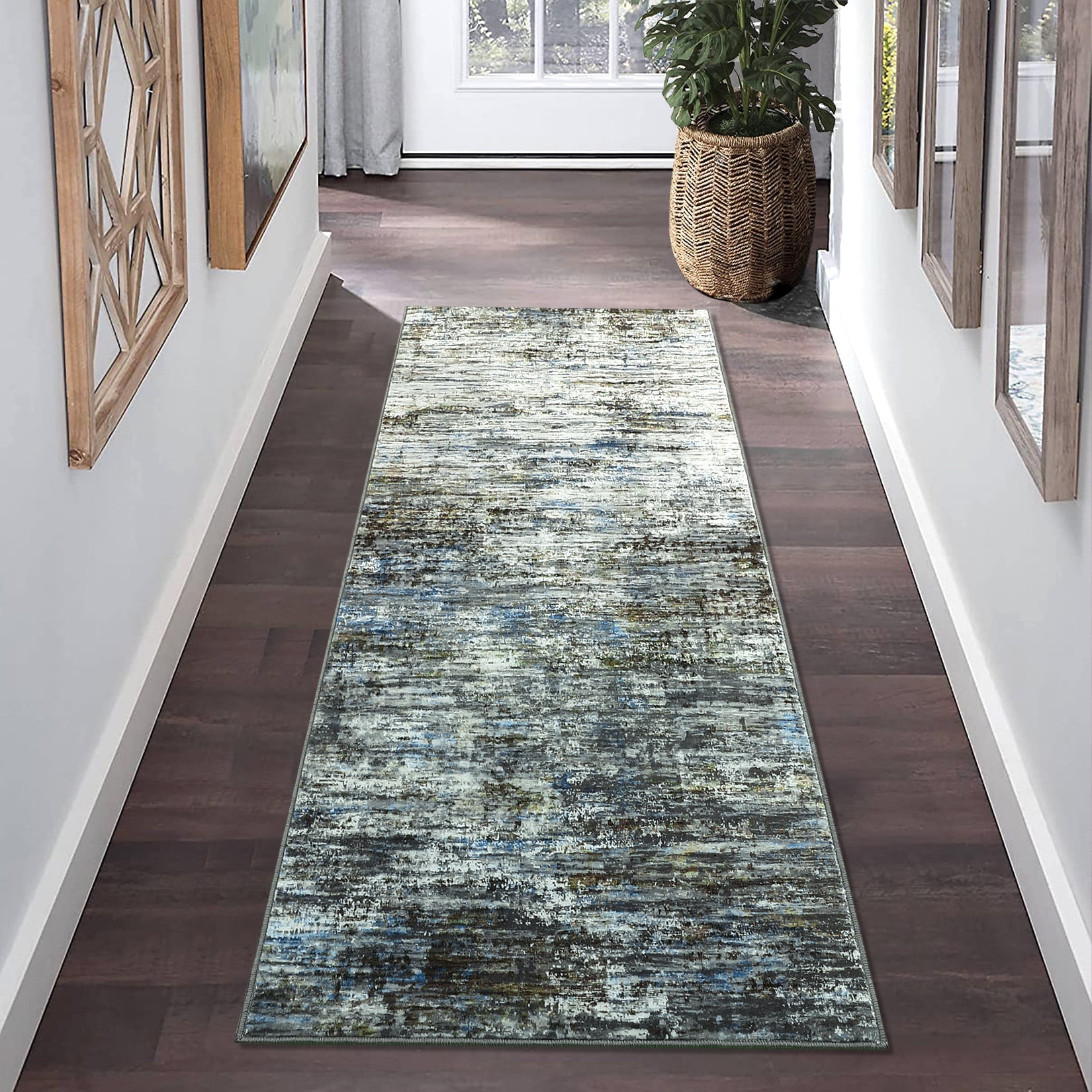 HOMERRY Runner Rug 2' x 6' Abstract Area Rug for Living Room Low Pile Carpet, Blue/Grey