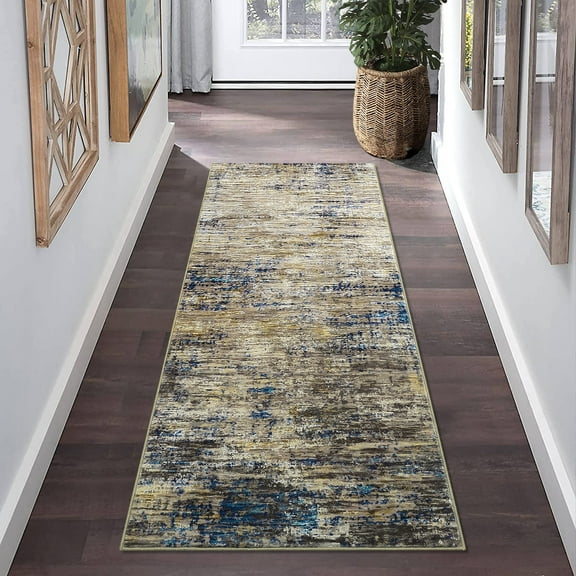 HOMERRY Runner Rug 2' x 6' Abstract Area Rug for Living Room Low Pile Carpet, Navy/Taupe