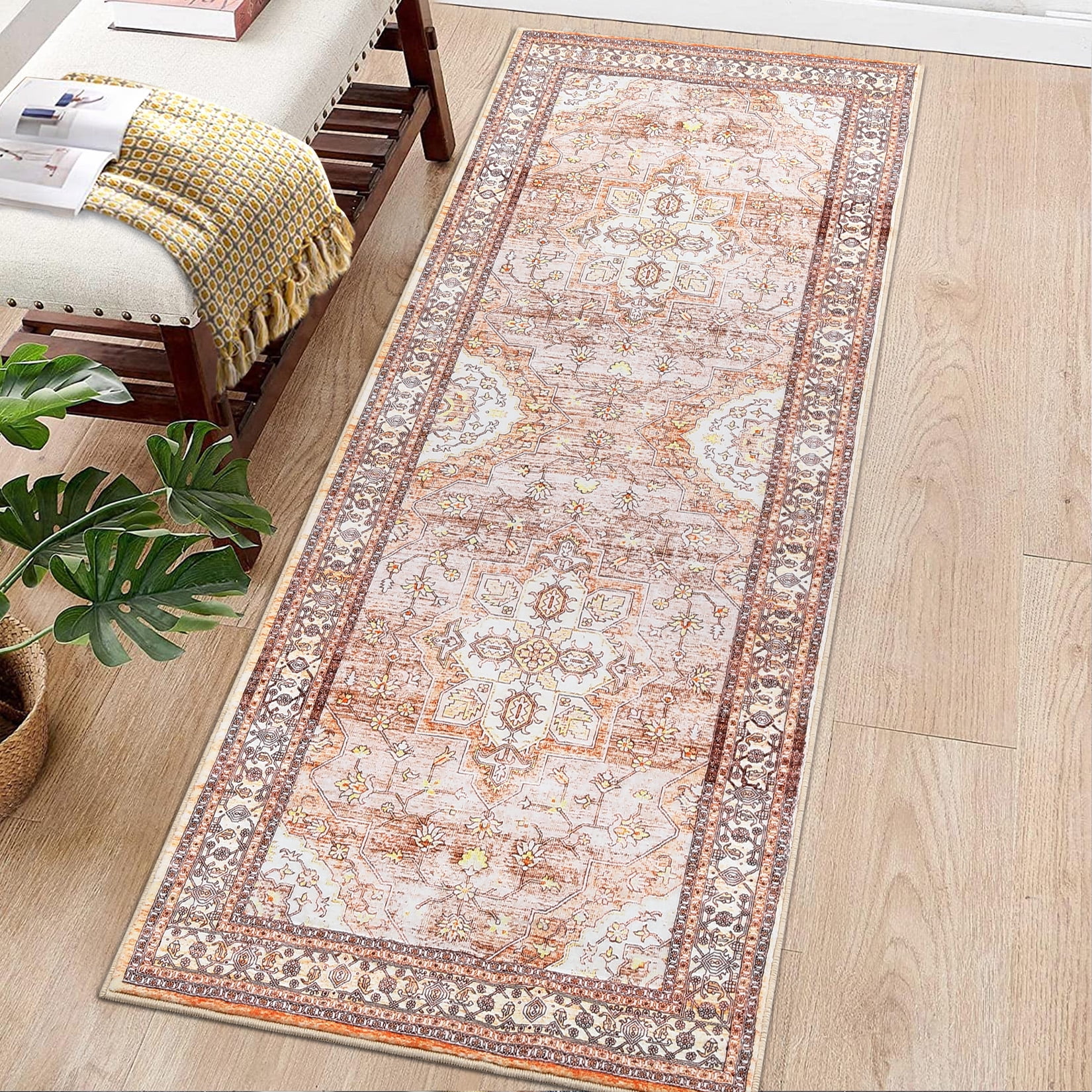HOMERRY Runner Rug 2' x 6' Bedroom Rug Boho Distressed Area Rug&nbsp;for Living Room, Rust Red