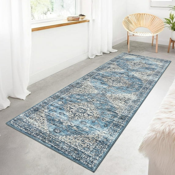 HOMERRY Runner Rug 2' x 6' Washable Distressed Boho Floral Hallway Runner Carpet, Blue