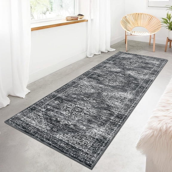 HOMERRY Runner Rug 2' x 6' Washable Distressed Boho Floral Hallway Runner Carpet, Dark Gray
