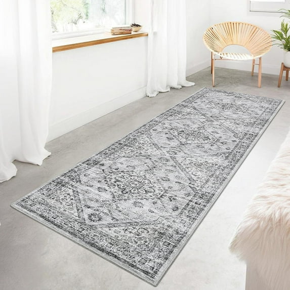 HOMERRY Runner Rug 2' x 6' Washable Distressed Boho Floral Hallway Runner Carpet, Light Gray