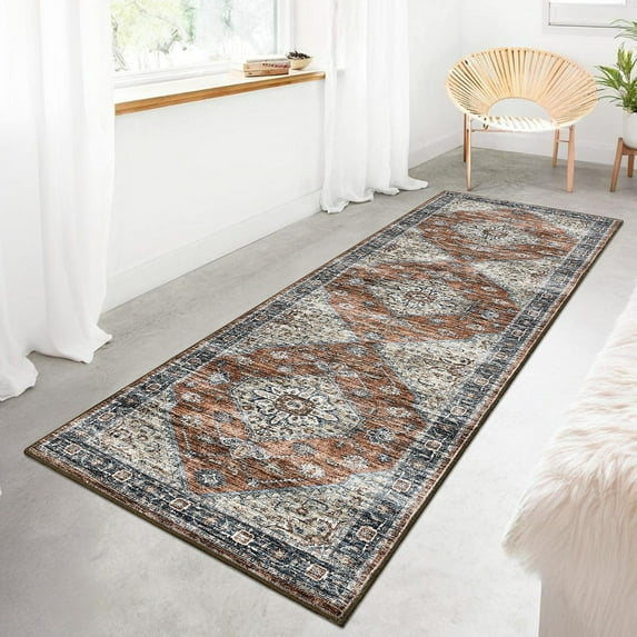 HOMERRY Runner Rug 2' x 6' Washable Distressed Boho Floral Hallway Runner Carpet, Red