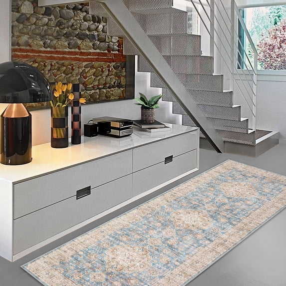 HOMERRY Runner Rug 2' x 6' Washable Floral Geometric Hallway Runner Carpet for Doorway Bedside, Blue