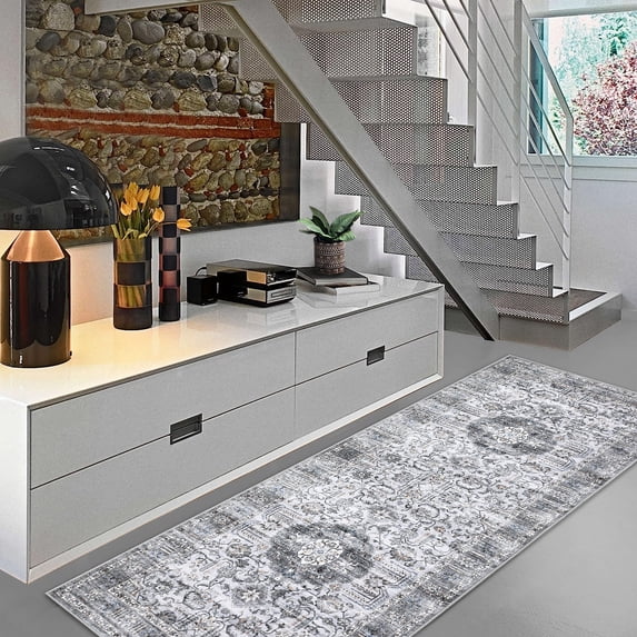 HOMERRY Runner Rug 2' x 6' Washable Floral Geometric Hallway Runner Carpet for Doorway Bedside, Gray