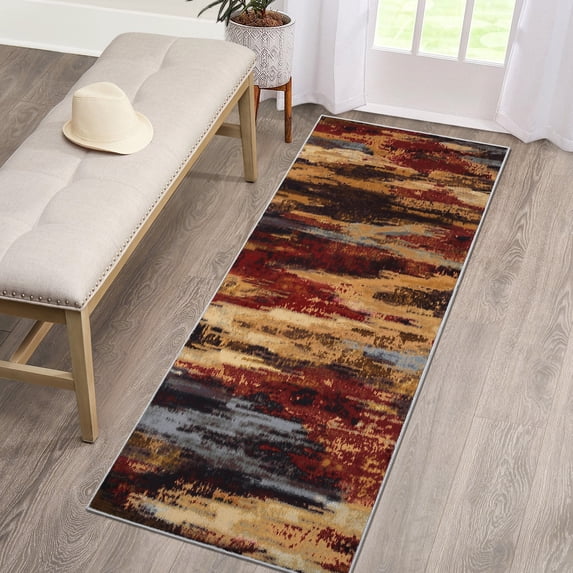 HOMERRY Runner Rug 2' x 6' Washable Modern Abstract Hallway Runner Carpet for Doorway Bedside, Red/Sandy