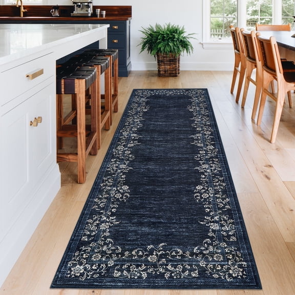 HOMERRY Runner Rug 2' x 6' Washable Modern Floral Hallway Runner Carpet for Doorway Bedside, Dark Blue