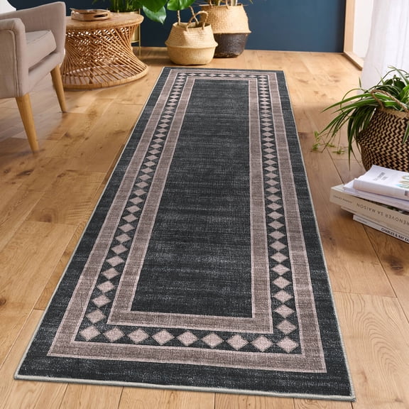HOMERRY Runner Rug 2' x 6' Washable Modern Geometric Bordered Hallway Runner Carpet for Doorway Bedside, Dark Brown