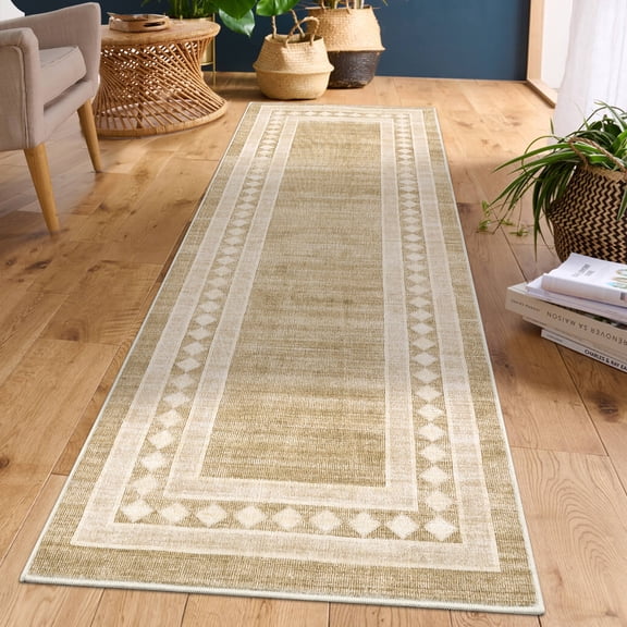 HOMERRY Runner Rug 2' x 6' Washable Modern Geometric Bordered Hallway Runner Carpet for Doorway Bedside, Yellow