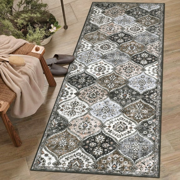 HOMERRY Runner Rug 2' x 6' Washable Modern Moroccan Trellis Floral Hallway Runner Carpet for Doorway Bedside, Brown/Gray