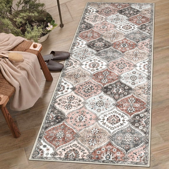 HOMERRY Runner Rug 2' x 6' Washable Modern Moroccan Trellis Floral Hallway Runner Carpet for Doorway Bedside, Pink/Gray