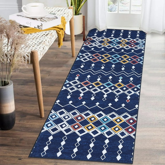 HOMERRY Runner Rug 2' x 6' Washable Moroccan Geometric Hallway Runner Carpet for Doorway Bedside, Navy Blue