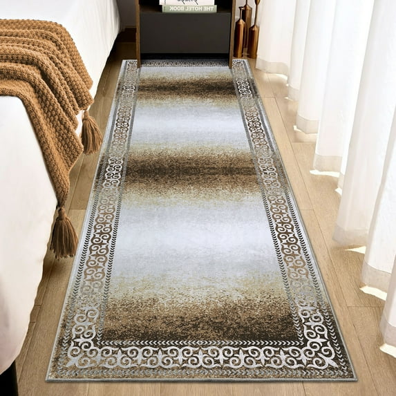 HOMERRY Runner Rug 2' x 6' Washable Ombre Abstract Border Contemporary Hallway Runner Carpet, Brown