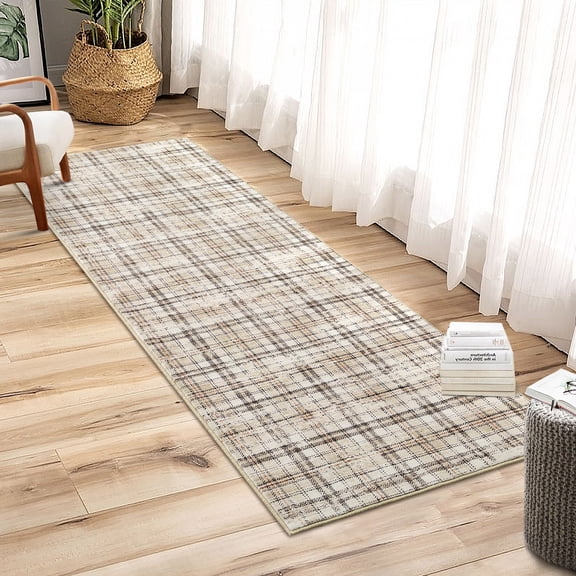 HOMERRY Runner Rug 2' x 6' Washable Plaid Geometric Hallway Runner Carpet, Brown/Beige