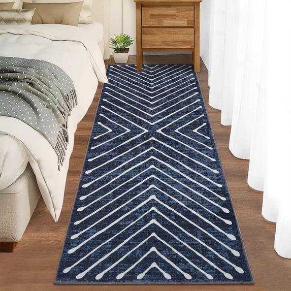 HOMERRY Runner Rug 2' x 6' Washable Striped Geometric Hallway Runner Carpet for Doorway Bedside, Navy