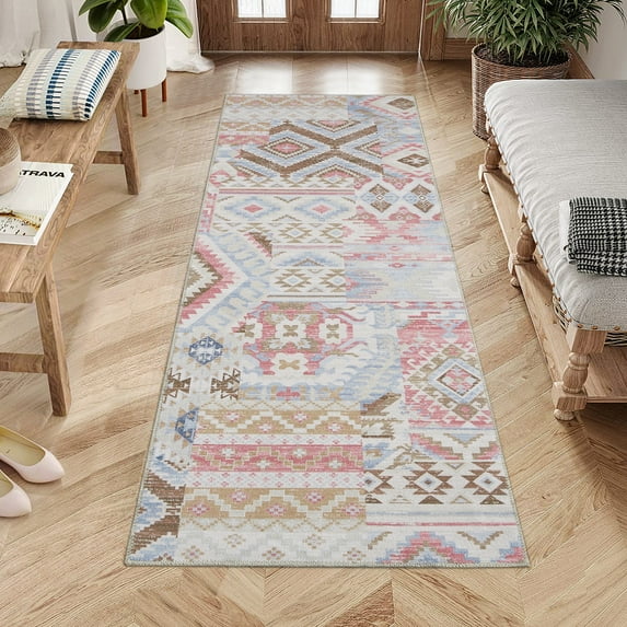 HOMERRY Runner Rug 2' x 6' Washable Vintage Bohemian Patterns Hallway Runner Entryway Carpet for Doorway Bedside, Pink