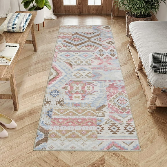 HOMERRY Runner Rug 2' x 6' Washable Vintage Bohemian Patterns Hallway Runner Entryway Carpet for Doorway Bedside, Pink
