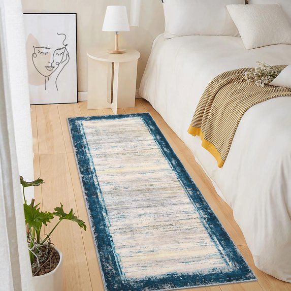 HOMERRY Runner Rug 2'x 8' Rug for Living Room Bedroom Rug Non Slip Bathroom Rugs Modern Bordered Teal Thin Indoor Carpet