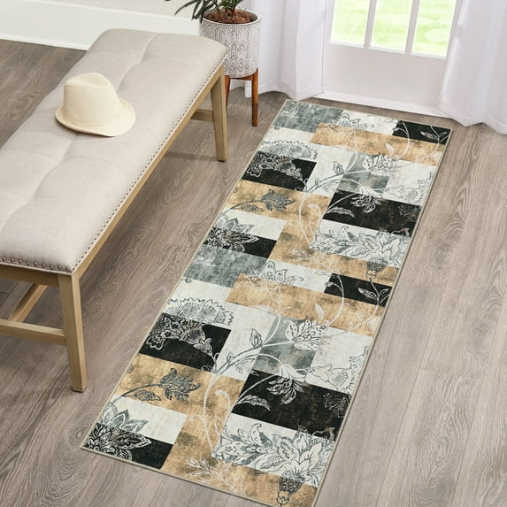 HOMERRY Runner Rug 2' x 8' Washable Modern Patchwork Plaid Hallway Runner Carpet for Doorway Bedside, Brown