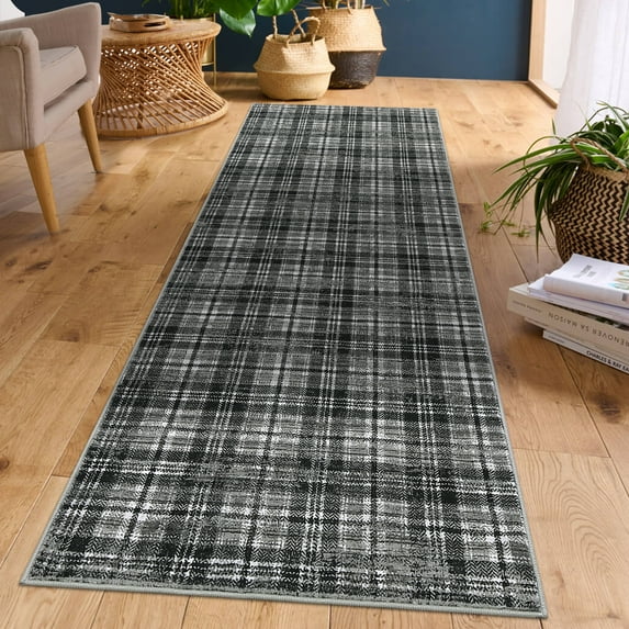 HOMERRY Runner Rug 2' x 8' Washable Plaid Geometric Hallway Runner Carpet, Gray