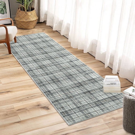 HOMERRY Runner Rug 2' x 8' Washable Plaid Geometric Hallway Runner Carpet, Green