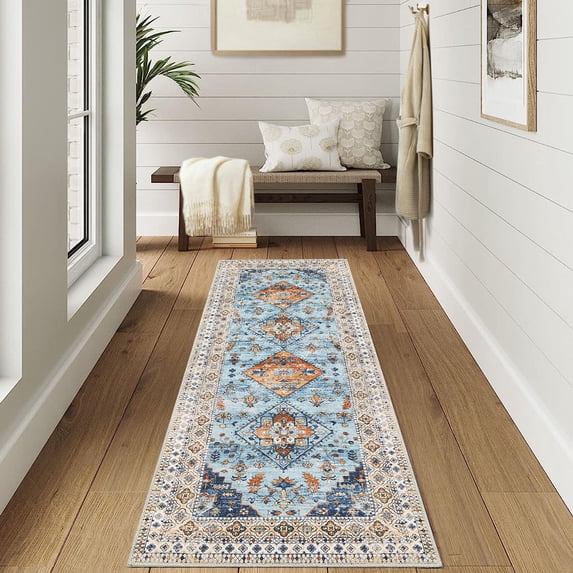 HOMERRY Runner Rug 2x6 Distressed Geometric Floral Indoor Washable Rug for Hallway Bohemian Contemporary Rug, Blue