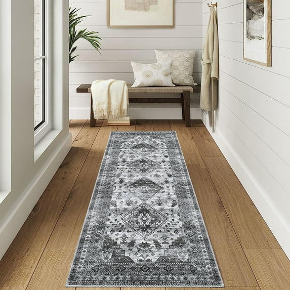 HOMERRY Runner Rug 2x6 Distressed Geometric Floral Indoor Washable Rug for Hallway Bohemian Contemporary Rug, Grey
