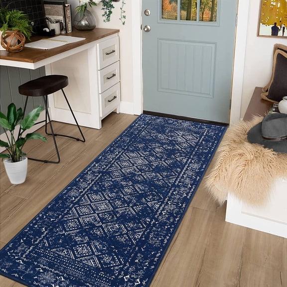HOMERRY Runner Rug 2x6 Modern Moroccan Distressed Indoor Washable Rug for Hallway Bohemian Contemporary Rug, Navy