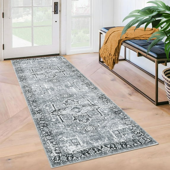 HOMERRY Runner Rug 2x6 Oriental Vintage Bohemian Rug Ultra Thin Hallway Rug Non-Slip Washable Floral Throw Rugs Non Shedding Indoor Carpet for Kitchen Bedroom Living Room, Gray