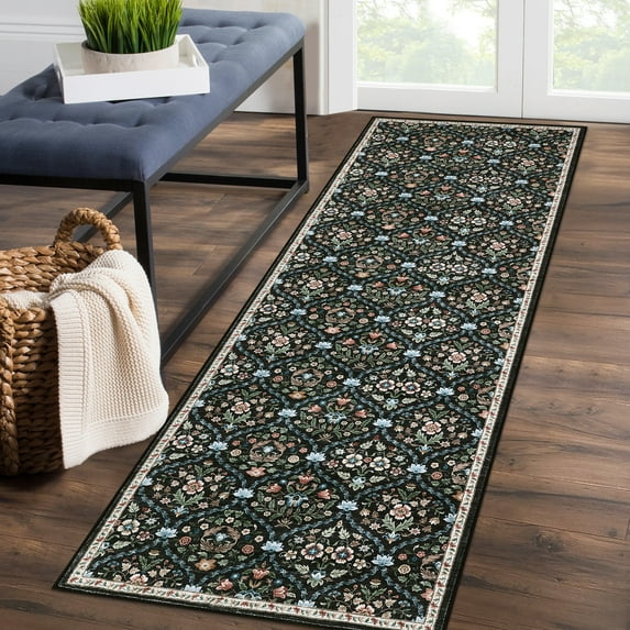 HOMERRY Runner Rug Non Slip 2' x 6' Tribal Floral Washable Accent Indoor Carpet Soft Modern Doormat for Hallways Entryway, Black