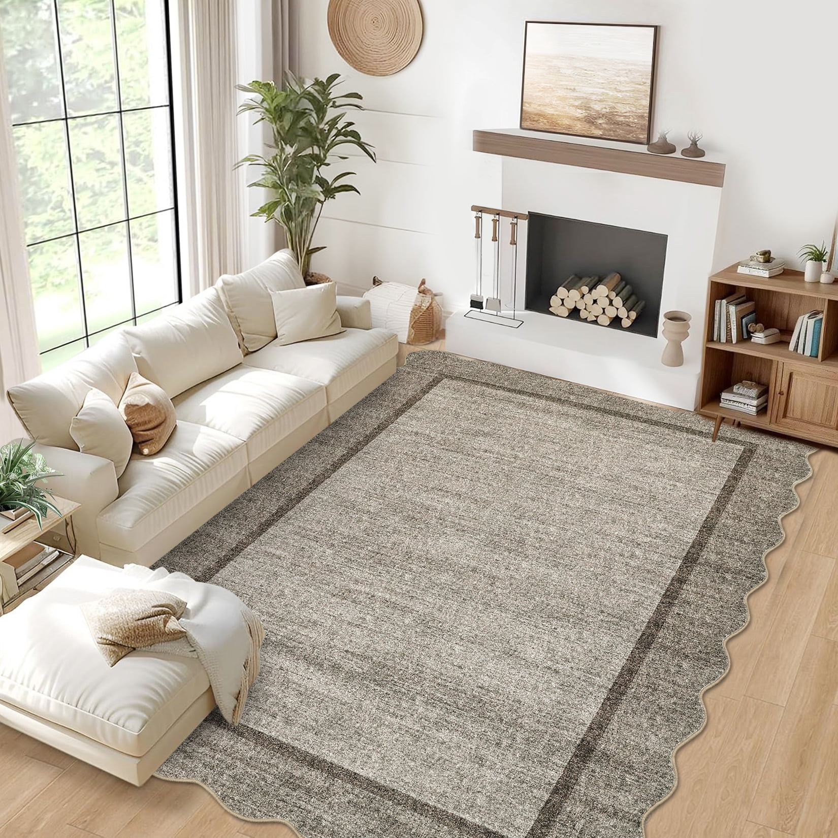 HOMERRY Scalloped Border Non Slip Area Rug 6' x 9' for Living Room Washable Indoor Carpet, Brown