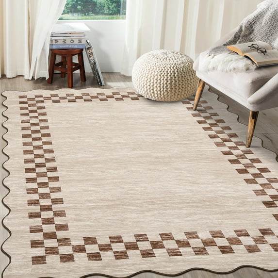 HOMERRY Scalloped Border Plaid Non Slip Area Rug 6' x 9' for Living Room Washable Indoor Carpet, Camel